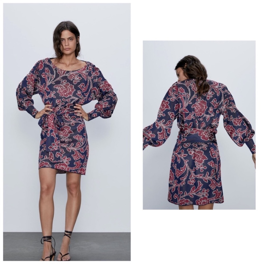 Zara Blue and Pink Patterned Mini Dress with attached wide tie